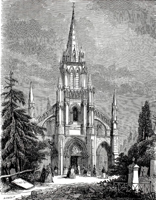 Exterior view of the Notre-Dame de Bonsecours Basilica, Église de Bon-Secours. It is located in the municipality of Bonsecours in the Seine-Maritime department in Normandy, near the city of Rouen, around 1880, France, illustration, reproduction from a 19th-century model. Authentic, file restored for optimal use, exact date of submission unknown, historical