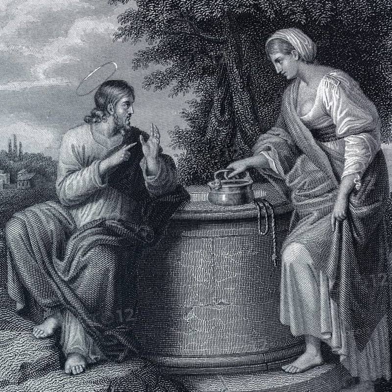 Detail from the artwork Christ and the Samaritan by Annibale Carracci, Jesus, Jacob's Well, fountain, Gospel, Gospel of John, New Testament, Bible, biblical scene, encounter, living water, faith, spirituality, Christianity, religion, discipleship, proclamation, redemption, mercy, charity, religious art, historical painting, iconography, art history, oil painting, bible illustration, barefoot, landscape, tree, historical illustration 1854