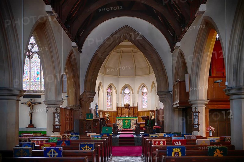 Interior view of choir room, altar, seat cushions, All Saints Church, Marazion, Cornwall, England, Great Britain, Great Britain