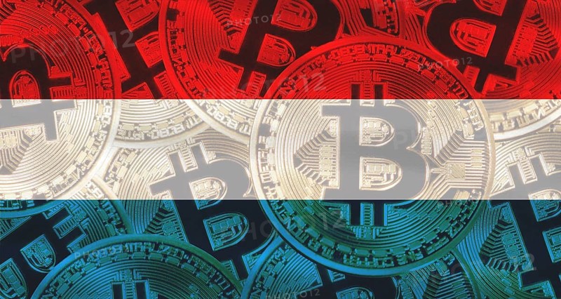 Dutch flag with Bitcoins in the background. Investors in cryptocurrency and Blockchain Technology in Netherlands