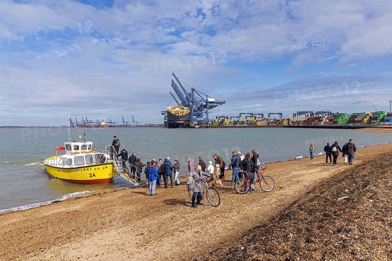 Harbour ferry, people, bicycle, beach, container port, container ship, Felixstowe, England, Great Britain