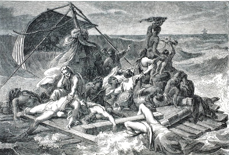 Historical graphics show Théodore Géricault's famous painting The Raft of Medusa, which depicts the shipwreck of the French frigate Méduse in 1816. The scene shows the desperate survivors on an improvised raft trying to signal a distant ship on the horizon, authentic, high-resolution reproduction from a 19th-century original, exact date of depiction unknown, historical