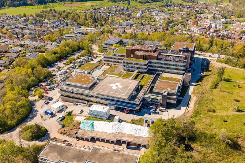 Hospital complex with helipad in an urban and green area, Nagold Hospital of Klinikverbund Südwest, Calw district, Germany