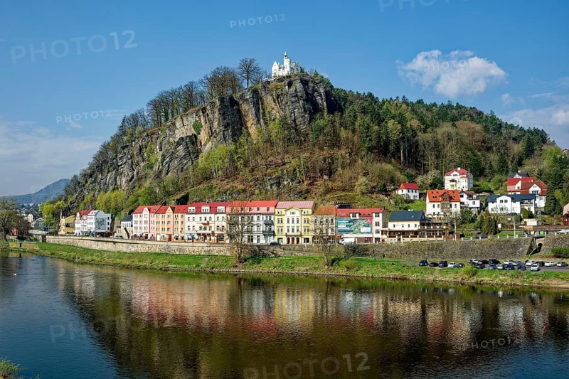 View of the Schäferwand with the restaurant and the Elbe, Decín, Decin, Tetschen, Bohemia, Czech Republic, Czech Republic