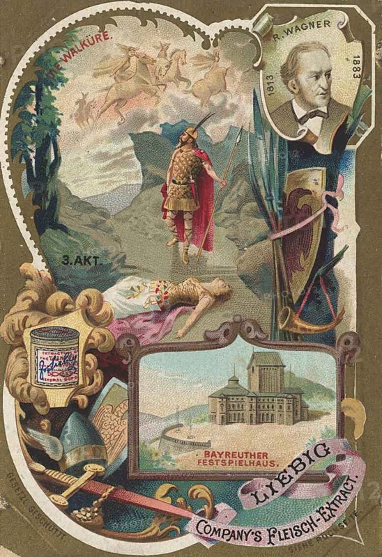 Picture series Opera Houses, Bayreuth Festival Theatre, Richard Wagner, scenes from Wagner's opera Die Walküre, scene from Act 3, in which the Valkyrie Brünnhilde lies asleep on a rock, surrounded by an implied sea of flames (Wotan's fire magic) . Above it is the famous Ride of the Valkyries, Liebig painting, digitally restored reproduction of a collector's picture from around 1900, exact date unknown