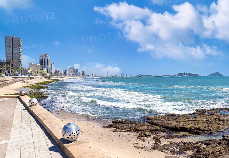 Famous Mazatlan sea promenade, El Malecon, with ocean lookouts, tourist beaches and scenic landscapes. It connects Old Mazatlan with Hotel Zone Zona Hotelera