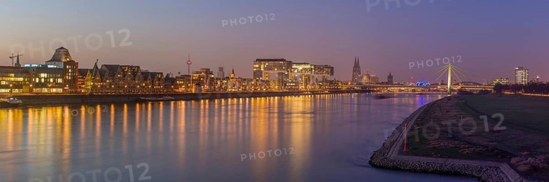 Panorama from the Suedbruecke, Rheinauhafen, Kranhaeuser, Altstadt, Koelner Dom and Severinsbruecke, Cologne, North Rhine-Westphalia, Germany
