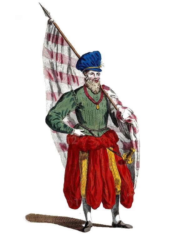 Historical clothing, fashion over time, uniform of an ensign of the German infantry in 1588, Germany, digitally restored reproduction of an 18th/19th century model, exact date unknown, man in colourful Renaissance outfit with spear and striped banner, striking
