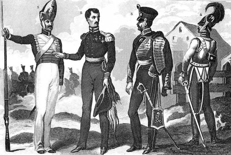 Traditional 19th-century clothing styles and culture. Prussian military uniforms: Guard officer (1), Major (2), Hussar officer (3), Guardsman (4), illustration, reproduction of a 19th-century original. Authentic, file restored for optimal use, exact date of the original unknown, historical