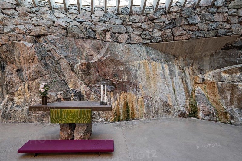 Altar, Temppeliaukio Church (Finnish: Temppeliaukion kirkko, Swedish: Tempelplatsens kyrka), modern rock church, architects Timo and Tuomo Suomalainen, Etu-Töölö district, Helsinki