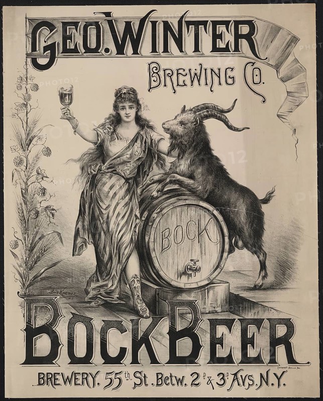 Advertising poster, beverage advertisement, poster promotes Bockbier der Geo. Winter Brewing Co. in New York. The picture shows a woman posing with a buck on a barrel and was created around 1900 by lithographer Louis Krämer, authentic reproduction of a historical advertising poster, advertising sign, in high resolution