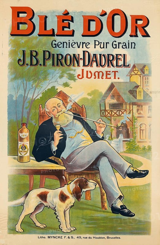 Advertising poster, beverage advertisement, advertisement for Blé d'Or, a genievre juniper schnapps from Jumet, Belgium. The illustration shows an elderly man with a beard smoking a pipe and holding a glass of the drink while a dog stands next to it, around 1910, authentic reproduction of a historical advertising poster, advertising sign, in high resolution