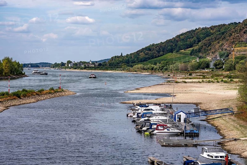 Low water in the Rhine, pleasure boat harbor, on the island of Grafenwerth, on a dead branch of the Rhine, large sandbanks, hardly any shipping traffic, freighters may only sail with significantly reduced load and reduced speed, North Rhine-Westphalia, Germany