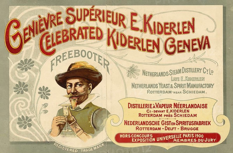 Advertising poster, beverage advertisement, poster for E. Kiderlen Genievre Supérieur, a Dutch genever juniper schnapps. The advertisement is from Netherlands Steam Distillery Cy. Ltd, formerly E. Kiderlen, based in Rotterdam, 1902, authentic reproduction of a historical advertising poster, advertising sign, in high resolution