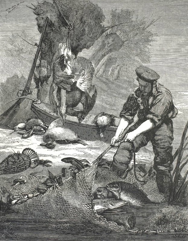 The scene shows a fisherman on the bank of a river or lake, pulling a bulging fishing net out of the water with all his might. In the background lies a small wooden boat, from whose mast hunted waterfowl (ducks or geese) are suspended. On the ground beside it lie further game, such as hares or rabbits, 1860, France, authentic, high-resolution reproduction of a 19th-century original, exact date of the depiction unknown, historical