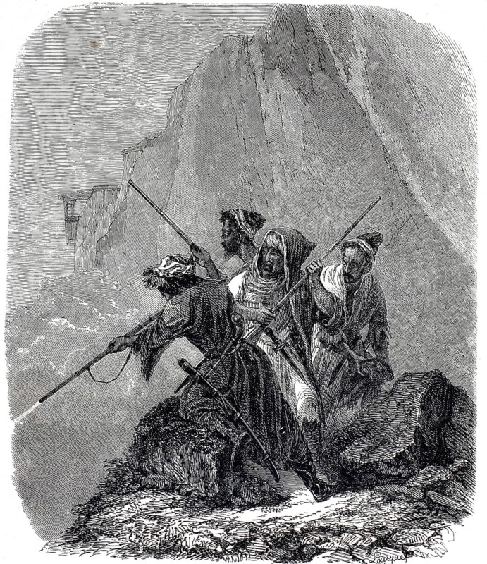 Circassian soldiers, 1859. A group of armed Circassian warriors (Caucasians) in traditional dress and carrying rifles, who have taken up position in a rocky mountain landscape in the Caucasus and are surveying the surroundings, an authentic, high-resolution reproduction of a 19th-century original, exact date of the depiction unknown, historical