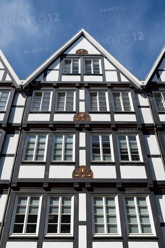 Historisches Gieblhaus, detail, half-timbered house, pedestrian zone, Brüderstraße, Soest, Westphalia, North Rhine-Westphalia, Germany