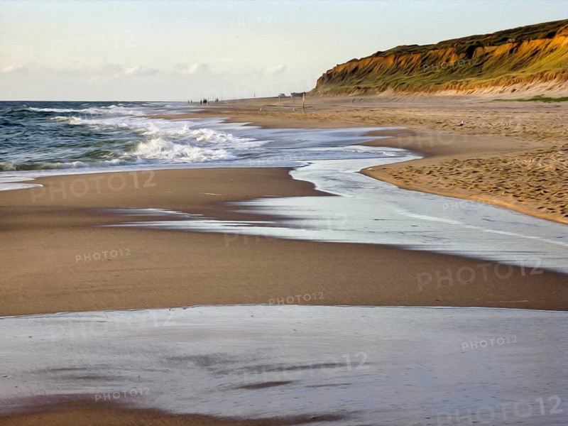 Beach section on the Red Cliff at dusk, characteristic dune landscape with steep, reddish cliffs, shore, motion blur, illustration