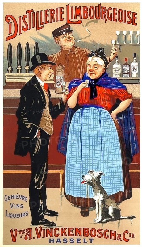 Advertising poster, beverage advertisement, poster comes from the Limbourgeoise distillery of the company Vve A. Vinckenbosch & Cie in Hasselt, Belgium. The company was known for its production of Hasseltse Jenever, juniper schnapps, as well as various vins, wines and liqueurs, liqueurs. Picture shows a convivial bar scene, 1905, authentic reproduction of a historical advertising poster, advertising sign, in high resolution