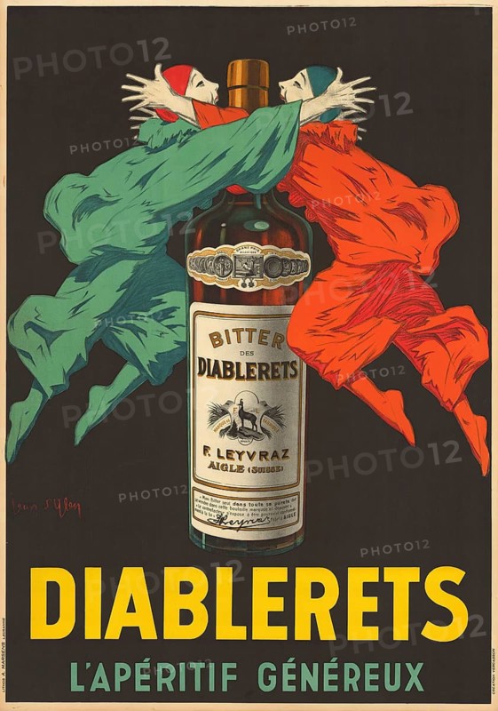 Advertising poster, beverage advertisement, advertising poster Diablerets L'Apéritif Généreux by Jean D'Ylen, which was originally created around 1920. The poster promotes a Swiss bitter aperitif from Aigle and shows two stylized figures in green and red robes hugging a bottle, authentic reproduction of a historical advertising poster, advertising sign, in high resolution