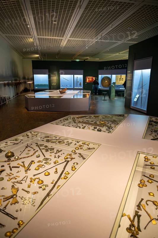 Exhibition room with ancient Roman utensils and showcases, Battle of Varus Roman Museum Kalkriese, Bramsche, Lower Saxony, Germany