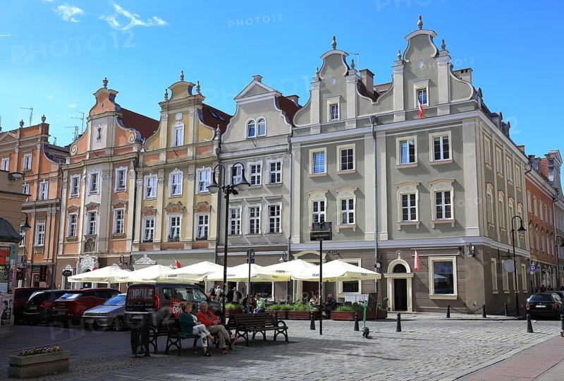 Historic buildings on the Ring, Rynek, town houses, faithfully rebuilt after the destruction during the Second World War in the 1950s, in Opole, Poland