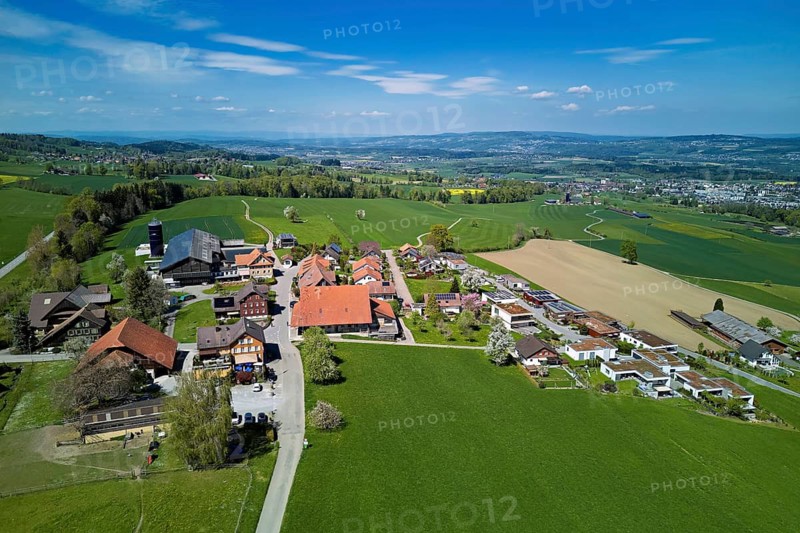 View of the village with farms, Geltwil, Freiamt, Canton of Aargau, Switzerland