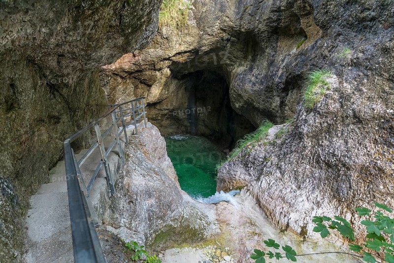 Waterfall on the hiking trail through the Almbach Gorge near Ettenberg, Berchtesgadener Land, Bavaria, Germany