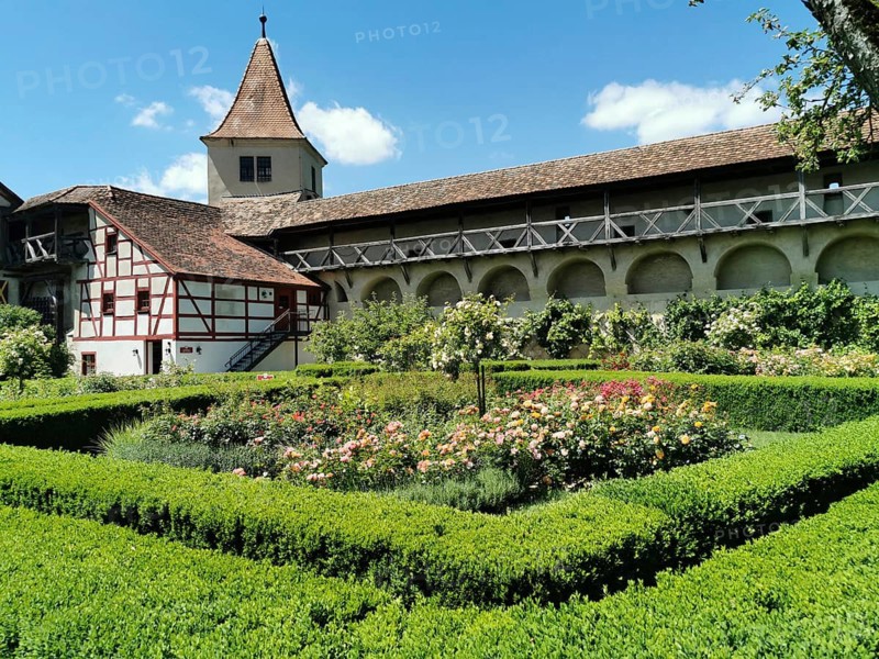 Castle Garden, Restored Towerman's House and the White Tower, Harburg Castle, Harburg, Donau-Ries District, Swabia, Bavaria, Germany