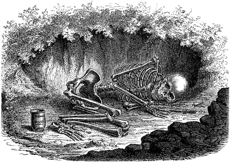Burial site with lying human skeleton at Roundway Down Iron Age Hill Fort, near Devizes, Wiltshire, archaeological excavations, Iron Age, landmark, human history, England, historical illustration1880