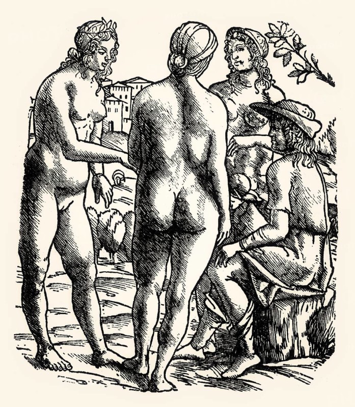 Judgement of Paris, Italian woodcut, c. 1500