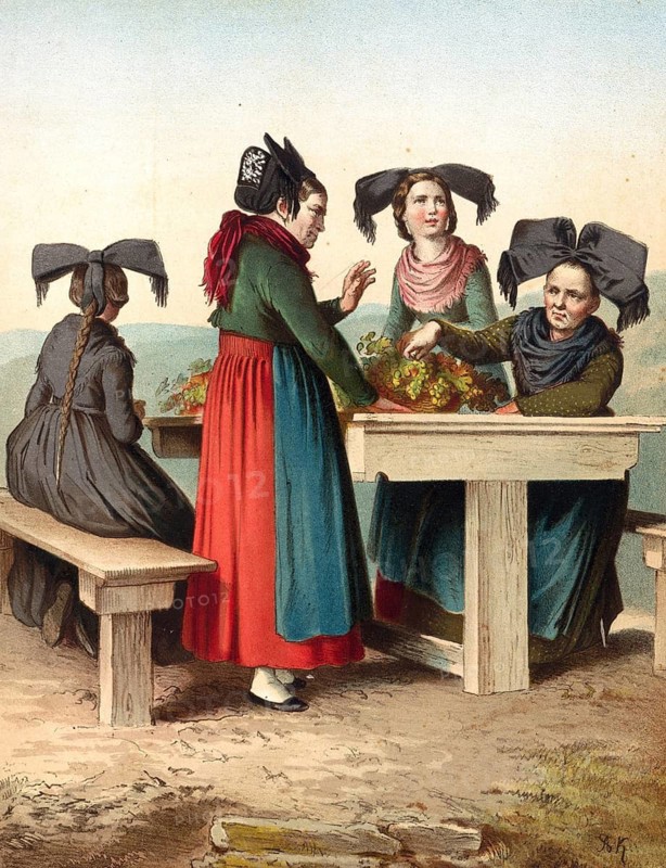 Traditional costumes in Germany around 1820, Baden, Stauffen and Müllheim, Four woman in traditional traditional costume standing around a table and tying bouquets of flowers, digitally retouched reproduction of a model from around 1850, by Albert Kretschmer (27 February 1825, 11 July 1891), German painter and costume expert