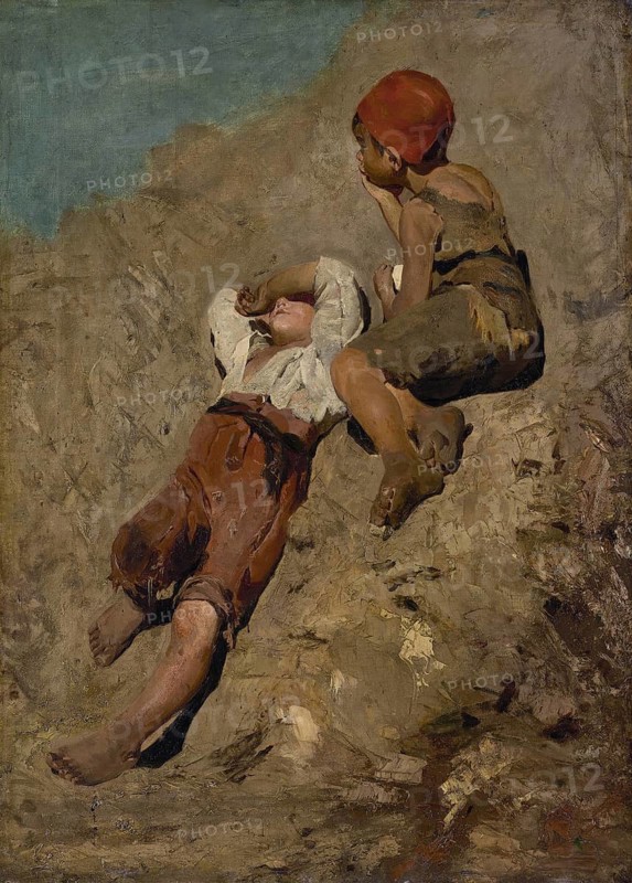 Painting, Reproduction of the painting, Work of art, Historical, Franz Seraph Lenbach, since 1882 Ritter von Lenbach (born 13 December 1836 in Schrobenhausen, died 6 May 1904 in Munich), German painter, Munich painter prince, here his work:, Two Peasant Boys on a Slope (1859), Two peasant boys taking a nap, Two children playing in summery surroundings on sandy ground