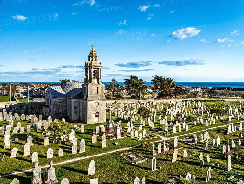 St George's Church and Cemetery froim a drone, Reforne, Portland, Dorset, England, United Kingdom