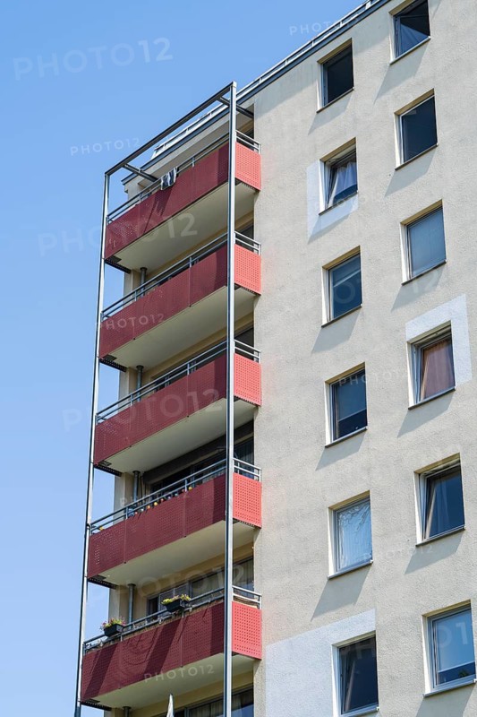 Facade of a high-rise building with balconies and flat roof, Soest, Westphalia, North Rhine-Westphalia, Germany
