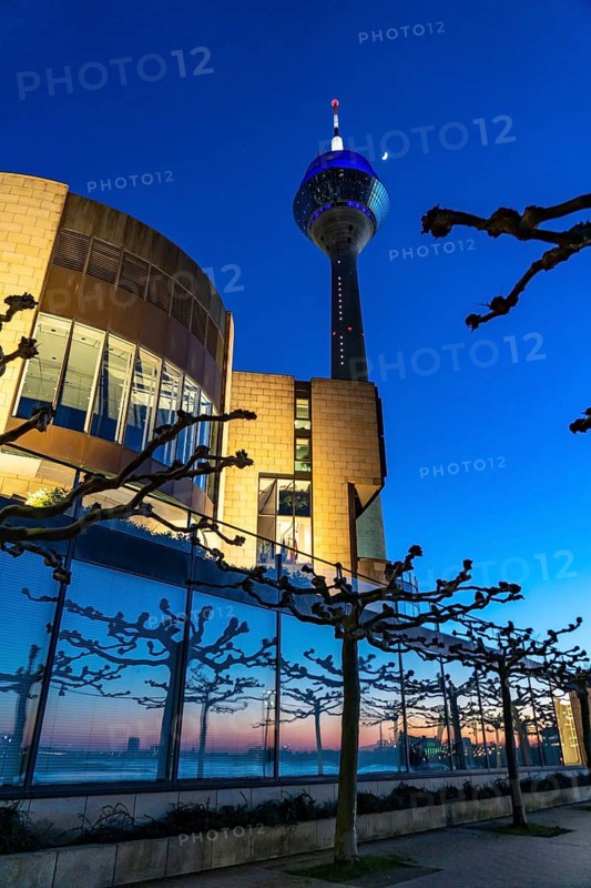 Rhine Tower, evening, state parliament building, North Rhine-Westphalia state parliament, sunset reflected in the building, bare trees in spring, Düsseldorf, North Rhine-Westphalia, Germany