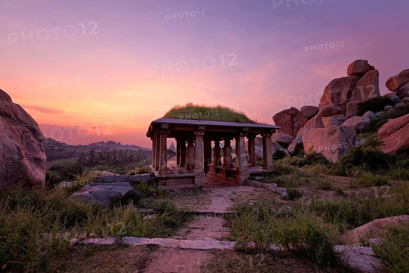 Ancient ruins in Hampi on sunset. Above Hampi Bazaar, Hampi, Karnataka, India