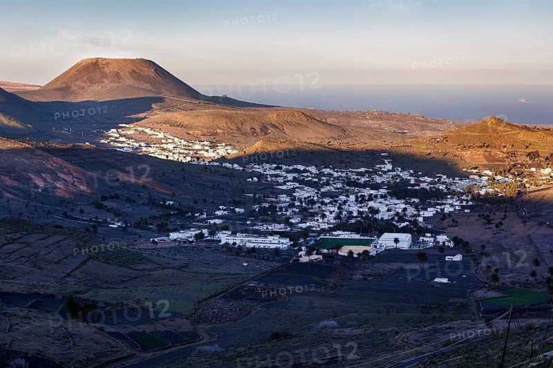 Panoramic views of the Atlantic Ocean, the Corona volcano and the village of Haria, Malpaso, Lanzarote, Spain
