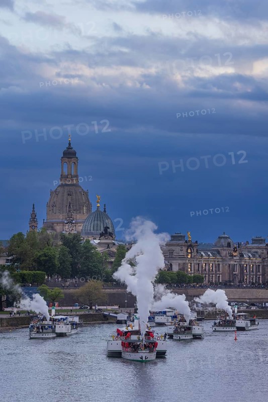 Fleet parade with the oldest and largest fleet of paddle steamers in the world to the Dresden Dixieland Festival Evening parade trip along the most beautiful motifs of the Elbe Valley towards Pillnitz, Dresden, Saxony