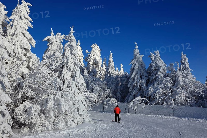 Winter landscape and cross-country ski trail in the Fichtelgebirge, Bayreuth district, Upper Franconia, Bavaria, Germany