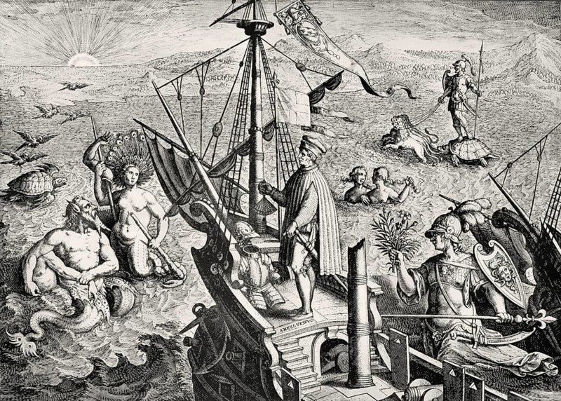Allegorical glorification of Amerigo Vespucci, 1451 – 1512, an Italian-born merchant, explorer, and navigator from the Republic of Florence