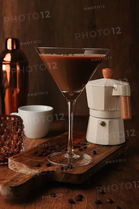 Espresso martini cocktail, alcoholic drink, shaker and geyser coffee maker, on a wooden background