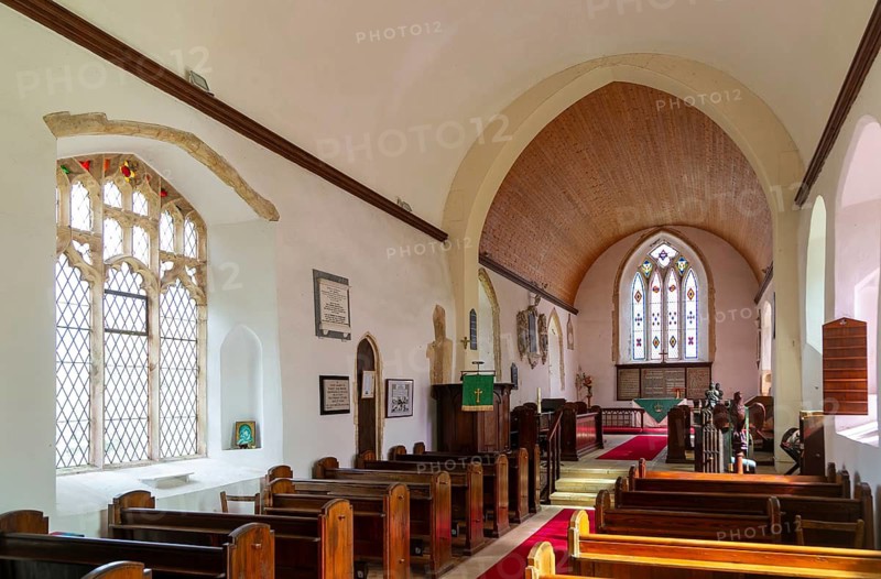 Interior view of nave to east window and altar, Holy Trinity church, Middleton, Suffolk, England, UK