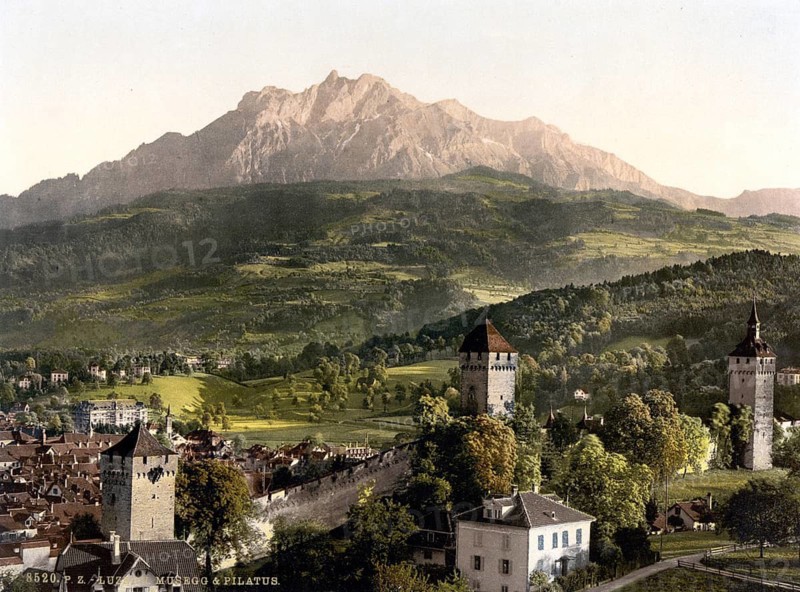 Lucerne, Musegg and Pilatus, Pilatus, Switzerland, Historical, digitally restored reproduction from a 19th century original, Record date not stated