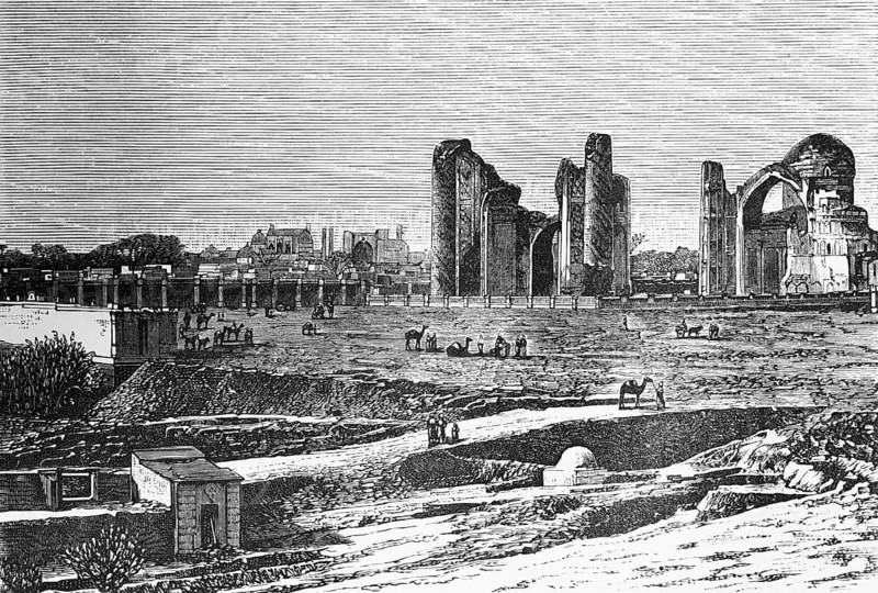 Cityscape of Samarkand, ruins, paths, camels, people, travelling in Asia, Uzbekistan, historical illustration 1887