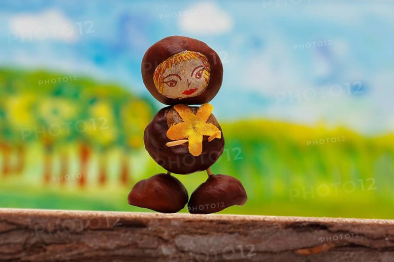 Cute chestnut figure in front of a painted background, North Rhine-Westphalia, Germany