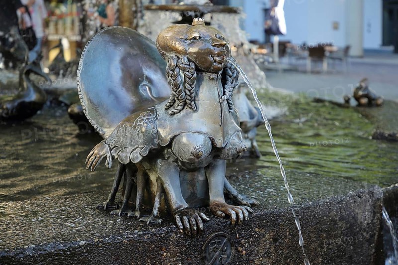 Elwetritschenbrunnen by Gernot Rumpf 1978, modern art, water features, Elvetrich, Elwetritsche, Elwetritschen, thirst, mythical creature with bird and woman with breasts, Palatine fantasy, Neustadt an der Weinstraße, Rhineland-Palatinate, Germany