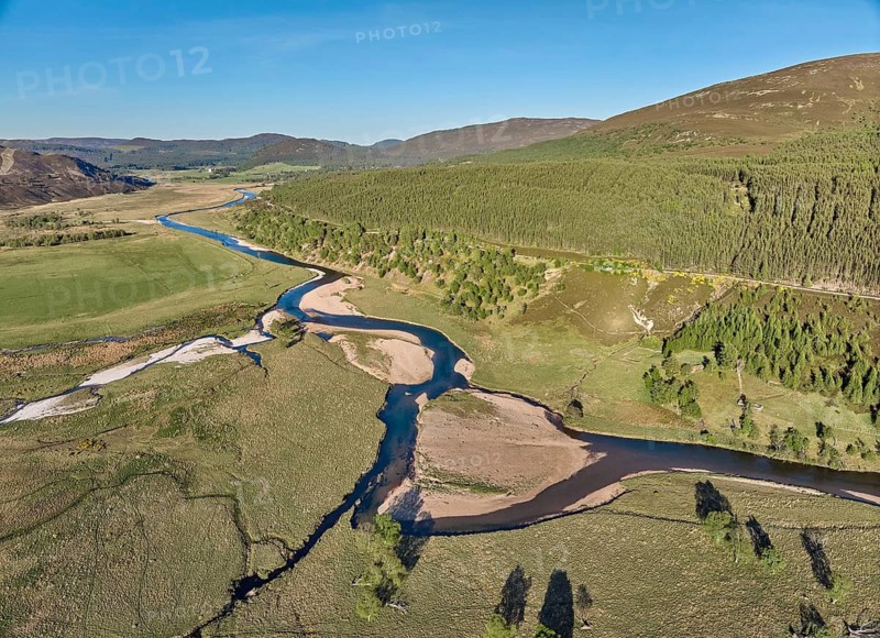 Aerial view of the course of Clunie River near Braemar, Cairn Gorms national Park, Scotland, UK