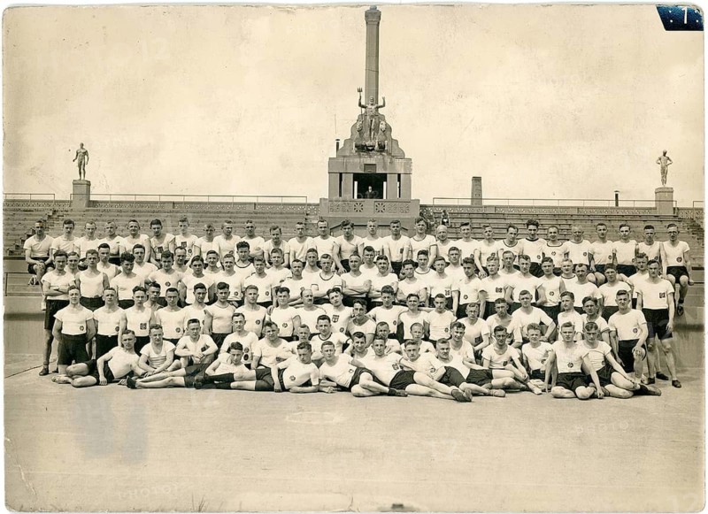 German Stadium, Berlin Grunewald, German University of Physical Exercises, Sports, Education, Large group of men posing in sportswear in front of a monument in a stadium, Gerhard Riebicke, around 1930
