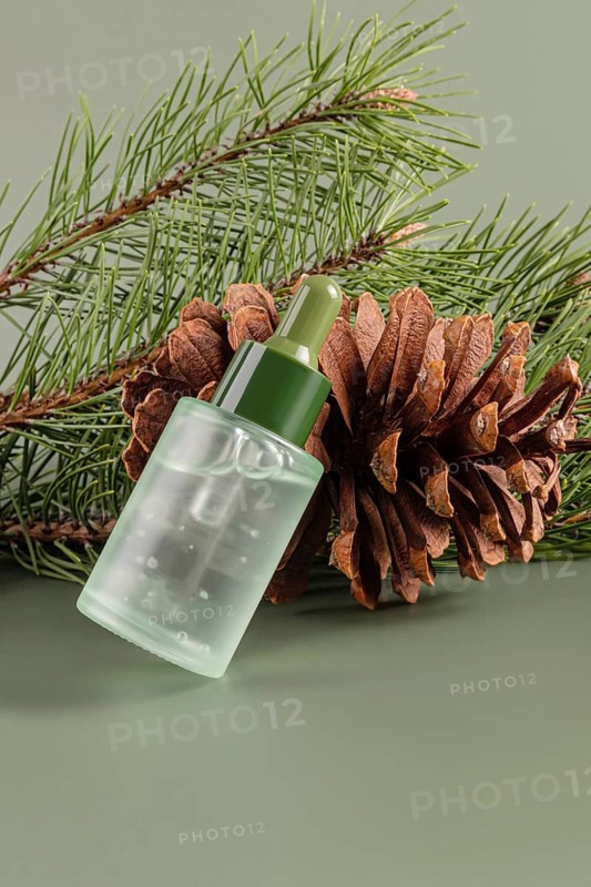 Close-up view of a transparent bottle of coniferous essential oil, paired with a pine cone and pine needles on a soft green background